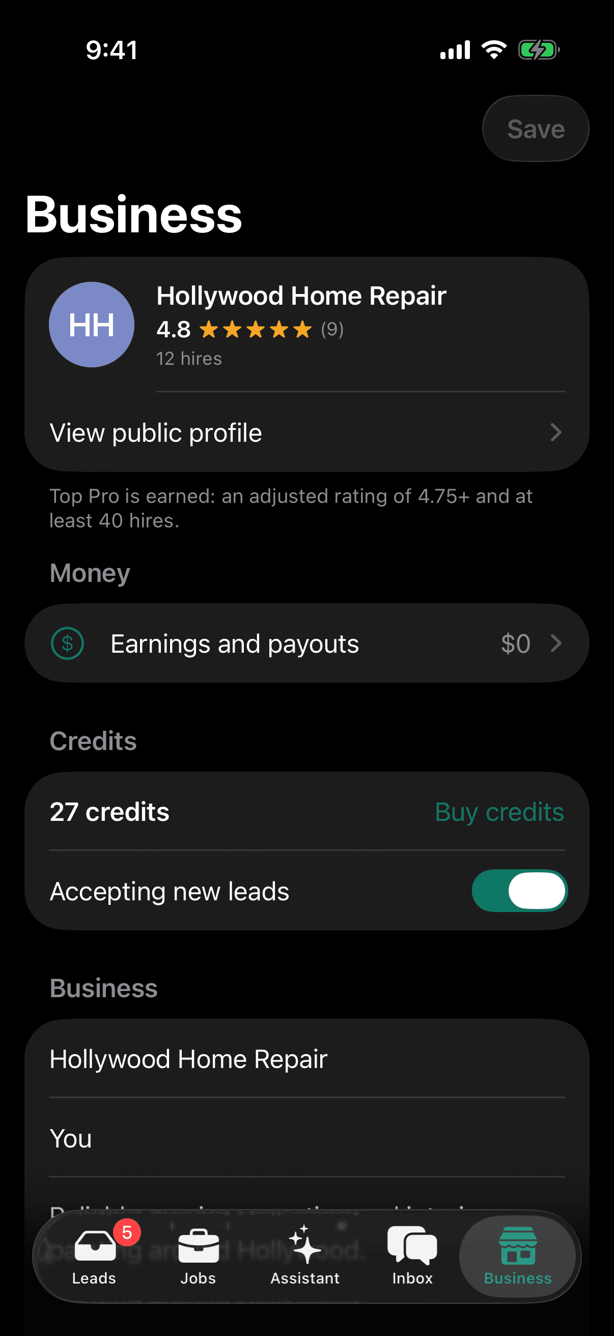 Pro Business tab for Hollywood Home Repair: 4.8 from 9 reviews, 12 hires, earnings and payouts, 27 credits, buy credits and accepting new leads.