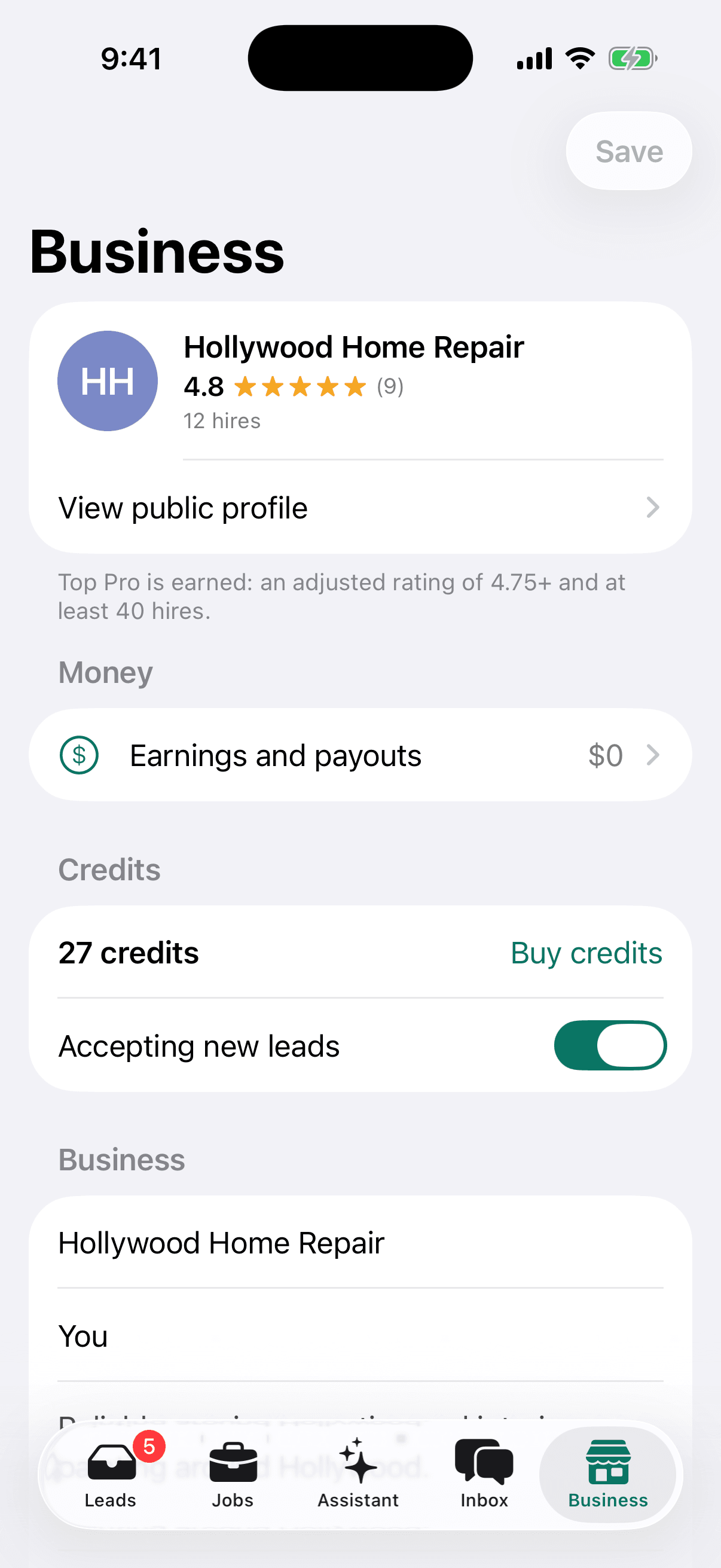 Pro Business tab for Hollywood Home Repair: 4.8 from 9 reviews, 12 hires, earnings and payouts, 27 credits, buy credits and accepting new leads.