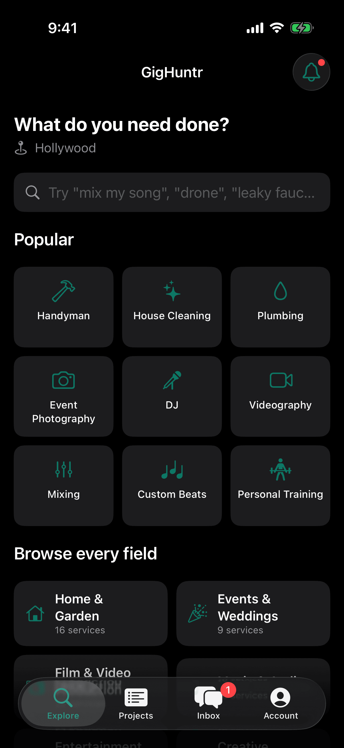 GigHuntr Explore tab: What do you need done? Search plus popular services like handyman, house cleaning, plumbing, event photography, DJ, videography, mixing, custom beats and personal training.