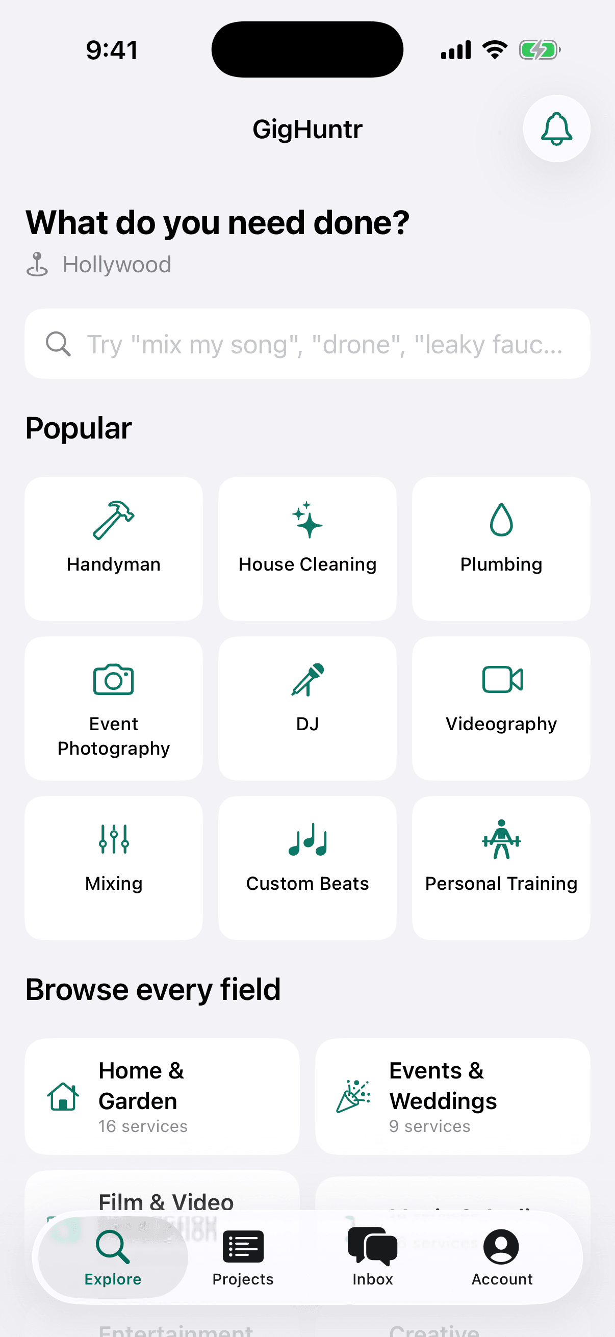 GigHuntr Explore tab: What do you need done? Search plus popular services like handyman, house cleaning, plumbing, event photography, DJ, videography, mixing, custom beats and personal training.