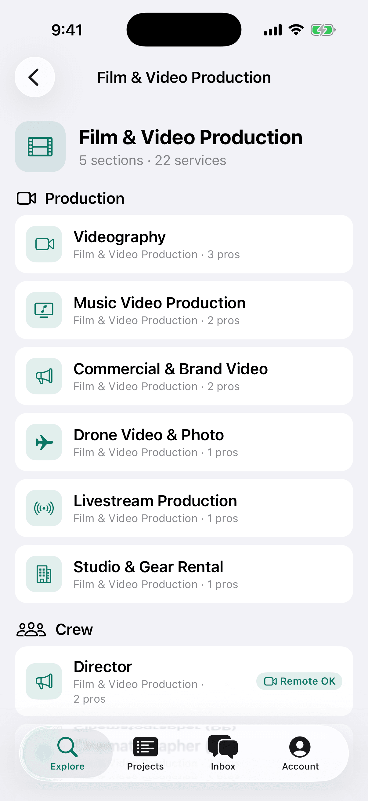 Film and Video Production field: videography, music video production, commercial and brand video, drone video and photo, livestream production, studio and gear rental, and crew.