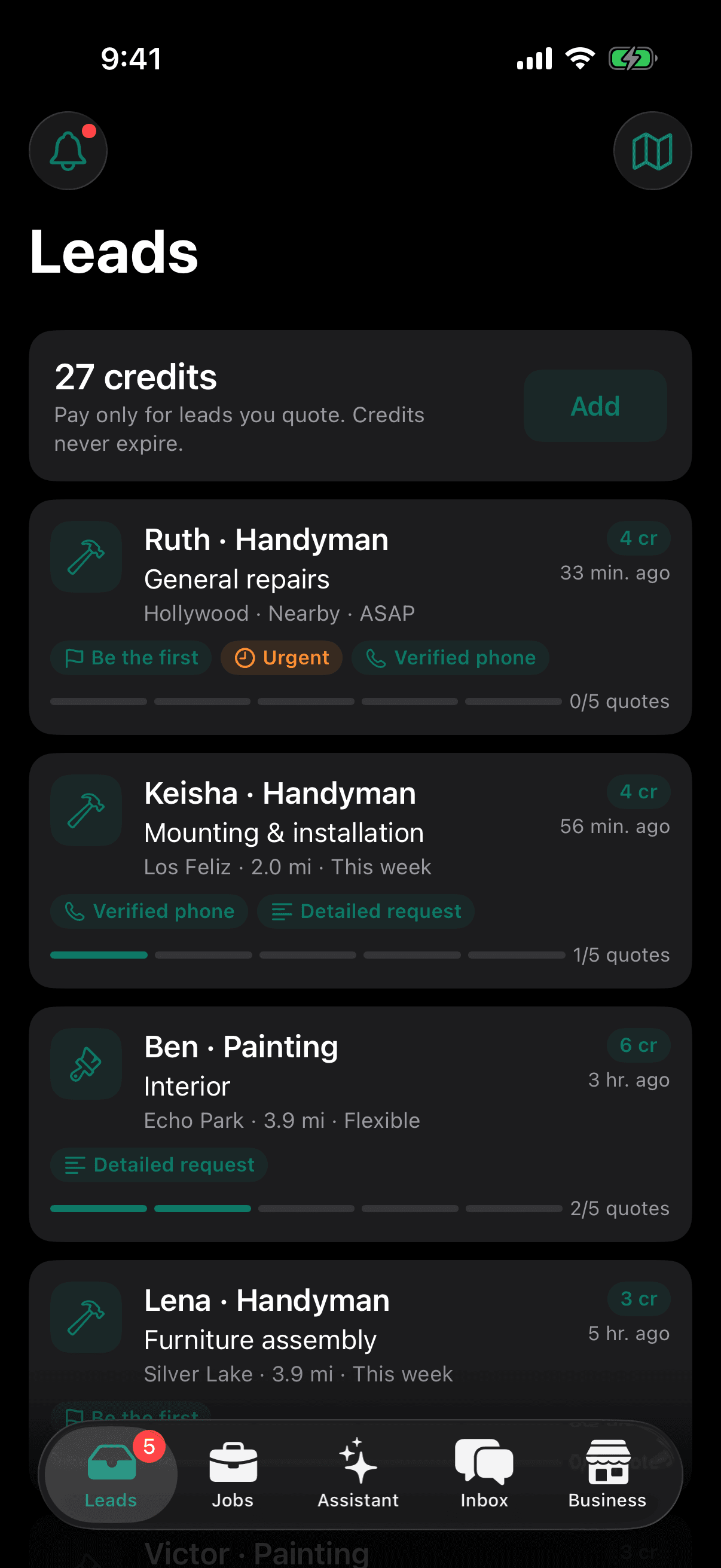 Pro Leads tab: 27 credits. Ruth, handyman, general repairs in Hollywood, ASAP, 4 credits, Be the first, Urgent, Verified phone. Keisha, mounting and installation in Los Feliz. Ben, interior painting in Echo Park.