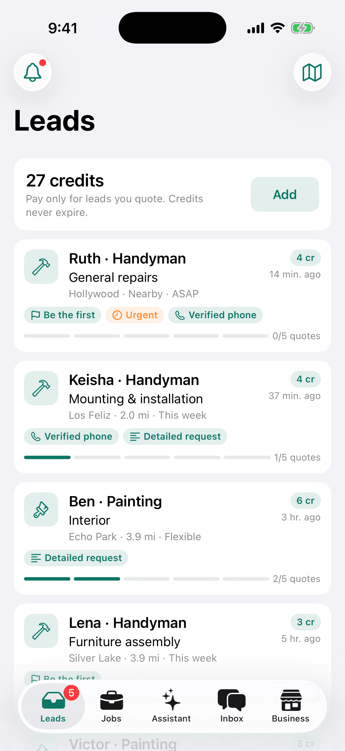 Pro Leads tab: 27 credits. Ruth, handyman, general repairs in Hollywood, ASAP, 4 credits, Be the first, Urgent, Verified phone. Keisha, mounting and installation in Los Feliz. Ben, interior painting in Echo Park.