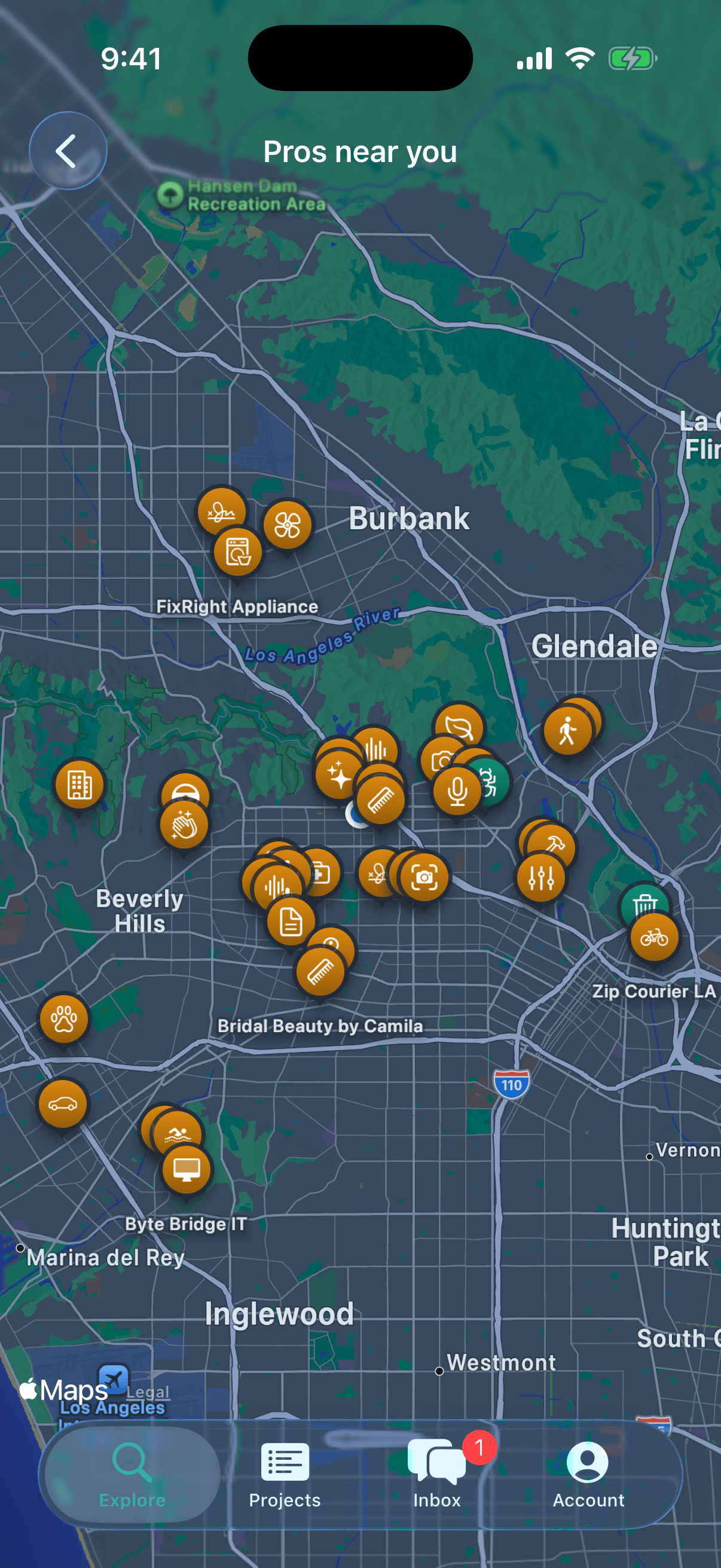 Pros near you map of Los Angeles with pros across Hollywood, Burbank, Glendale, Beverly Hills and Inglewood.