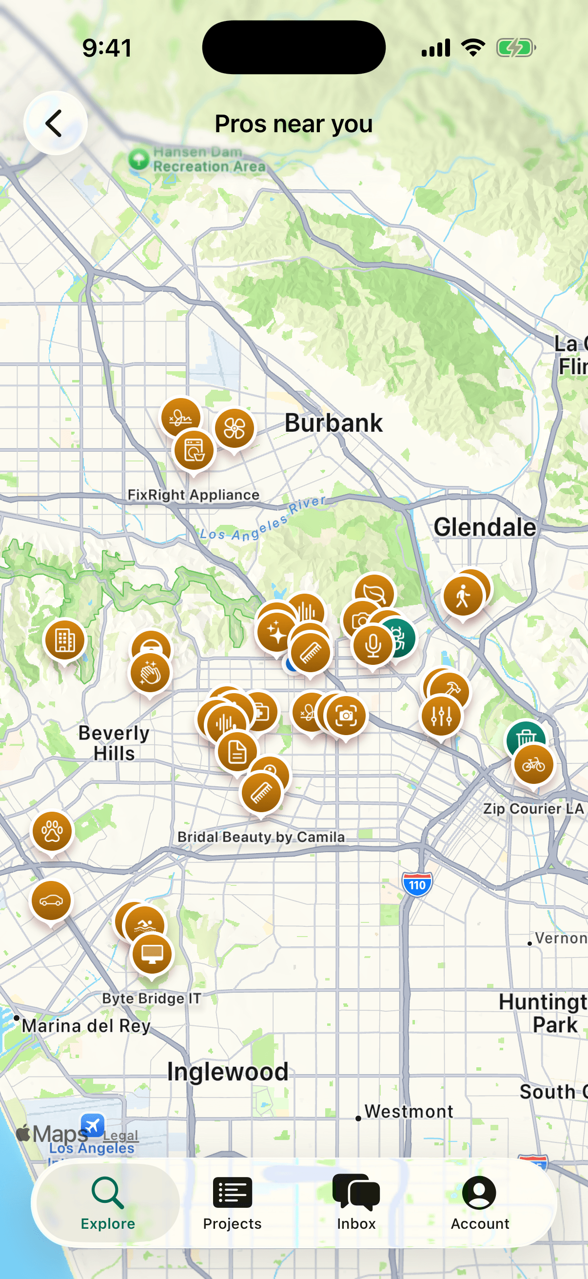 Pros near you map of Los Angeles with pros across Hollywood, Burbank, Glendale, Beverly Hills and Inglewood.