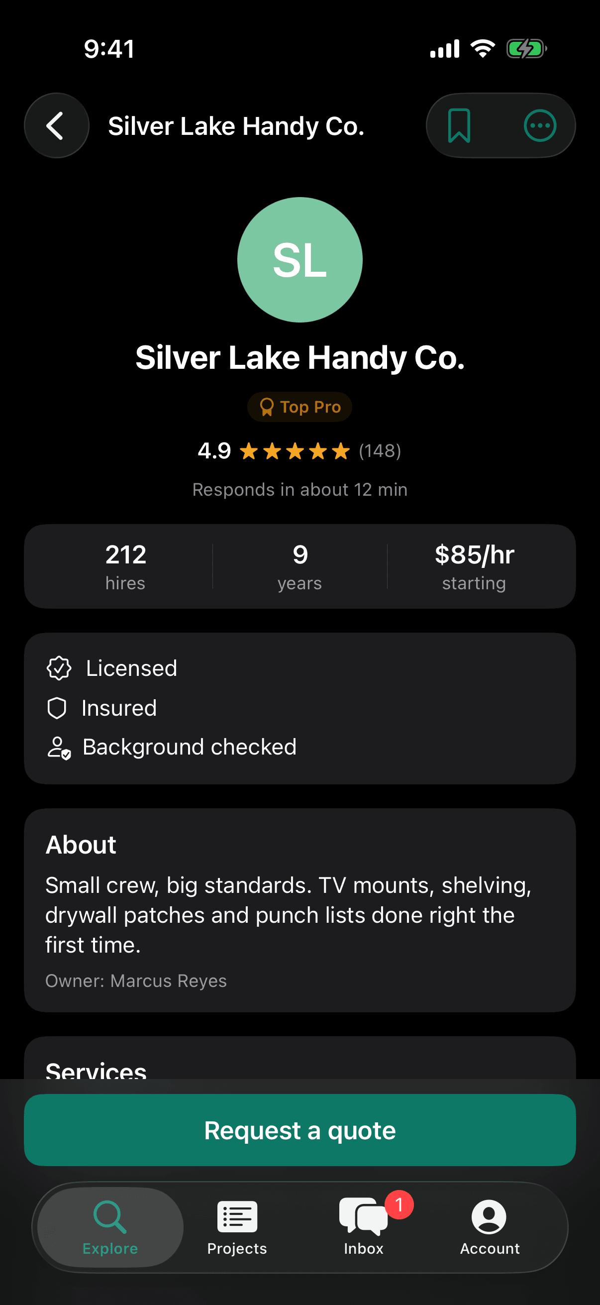 Silver Lake Handy Co. profile: Top Pro, 4.9 from 148 reviews, responds in about 12 minutes, 212 hires, 9 years, $85 an hour starting, licensed, insured and background checked.