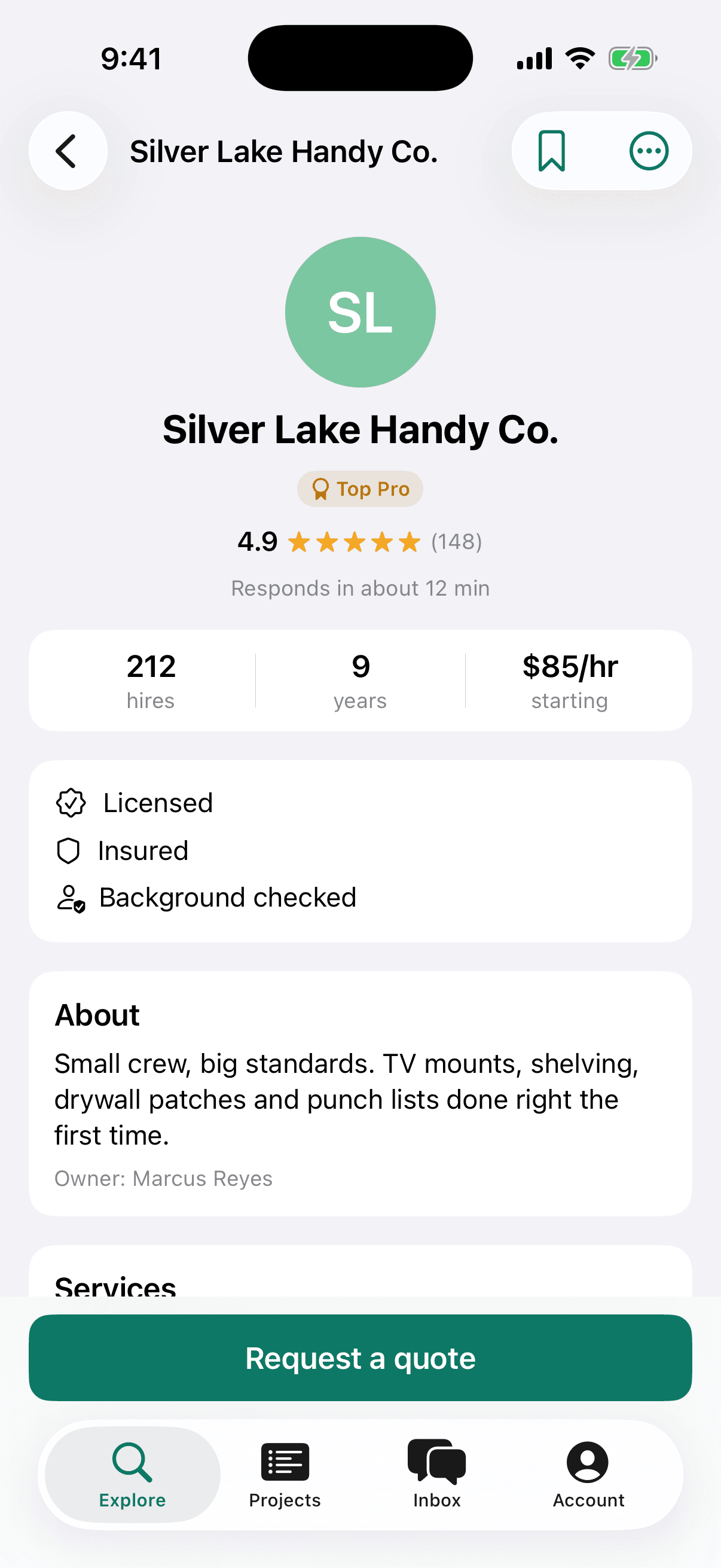 Silver Lake Handy Co. profile: Top Pro, 4.9 from 148 reviews, responds in about 12 minutes, 212 hires, 9 years, $85 an hour starting, licensed, insured and background checked.