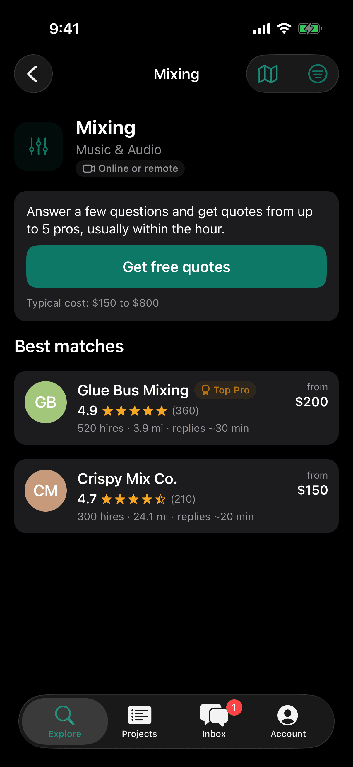 Mixing service: get free quotes from up to 5 pros, typical cost $150 to $800, best matches with ratings and reply times.