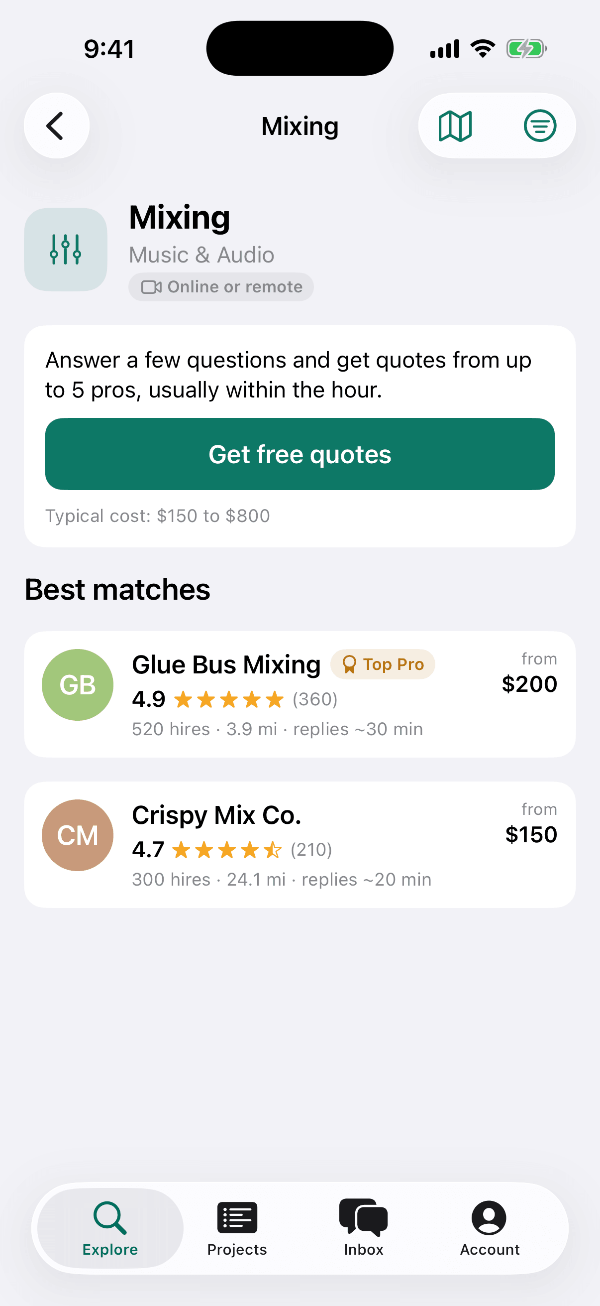 Mixing service: get free quotes from up to 5 pros, typical cost $150 to $800, best matches with ratings and reply times.